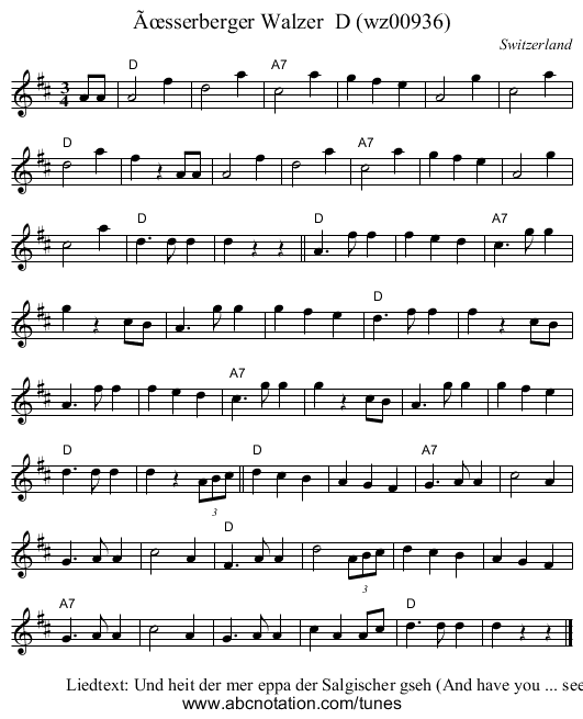 Ãœsserberger Walzer  D (wz00936) - staff notation