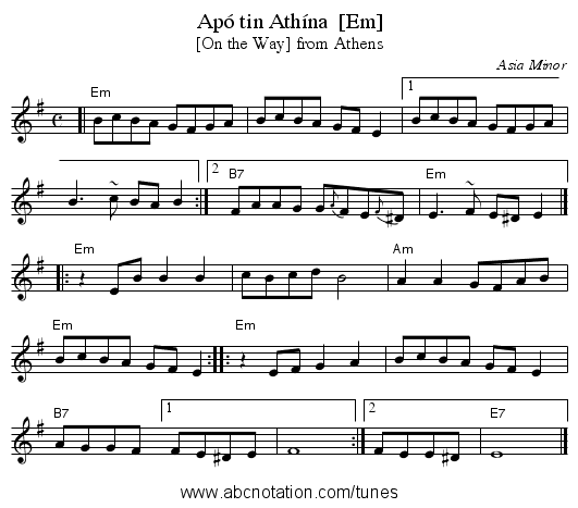 Ap&oacute; tin Ath&iacute;na  [Em] - staff notation