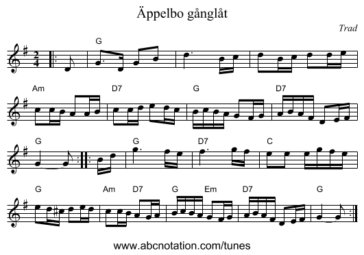 &Auml;ppelbo g&aring;ngl&aring;t - staff notation