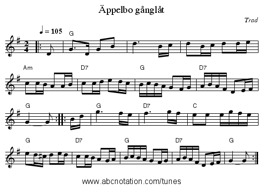 &Auml;ppelbo g&aring;ngl&aring;t - staff notation