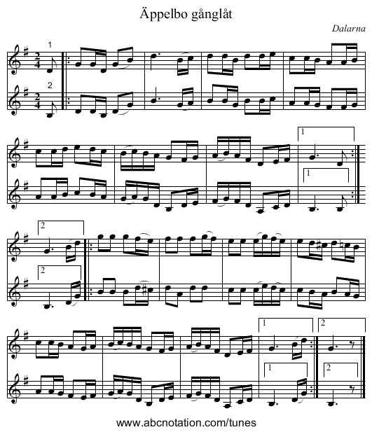 Äppelbo gånglåt - staff notation