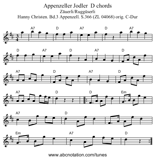 Appenzeller Jodler D chords - staff notation
