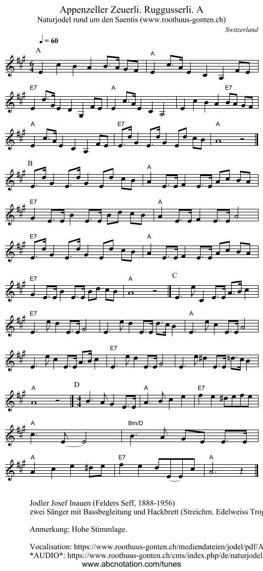 Appenzeller Zeuerli. Ruggusserli. A - staff notation