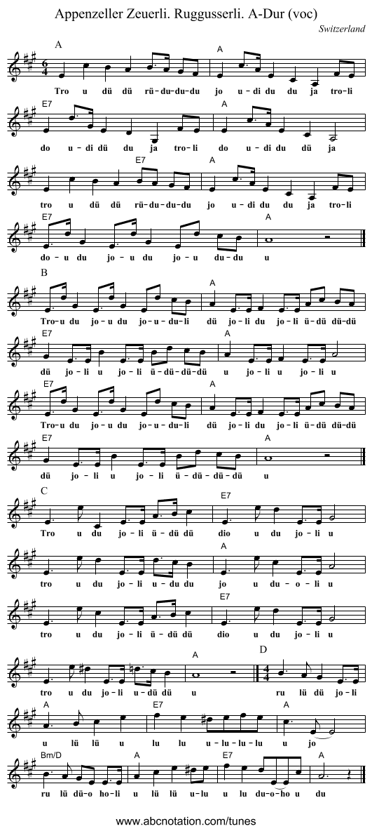 Appenzeller Zeuerli. Ruggusserli. A-Dur (voc) - staff notation