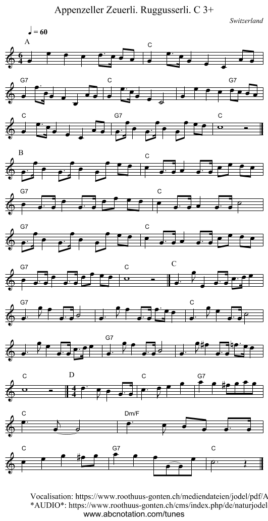 Appenzeller Zeuerli. Ruggusserli. C 3+ - staff notation