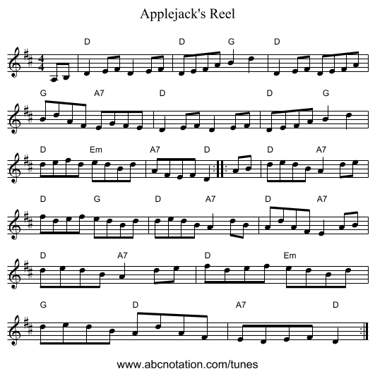 Applejack's Reel - staff notation