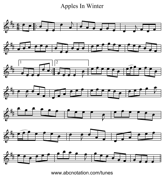 Apples In Winter - staff notation