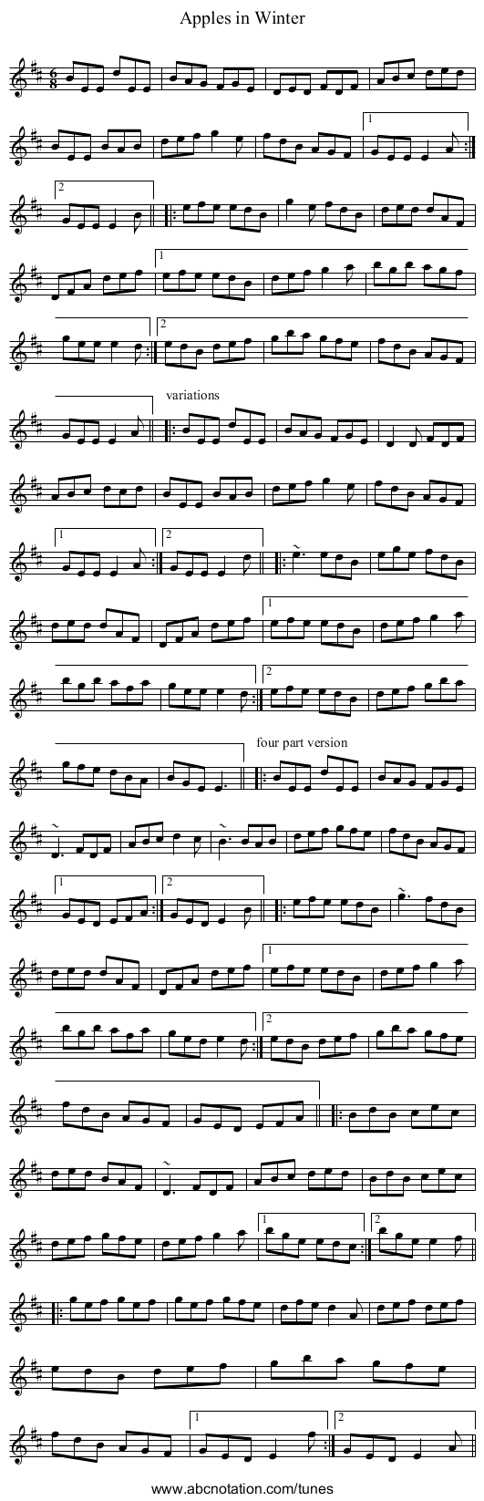 Apples in Winter - staff notation