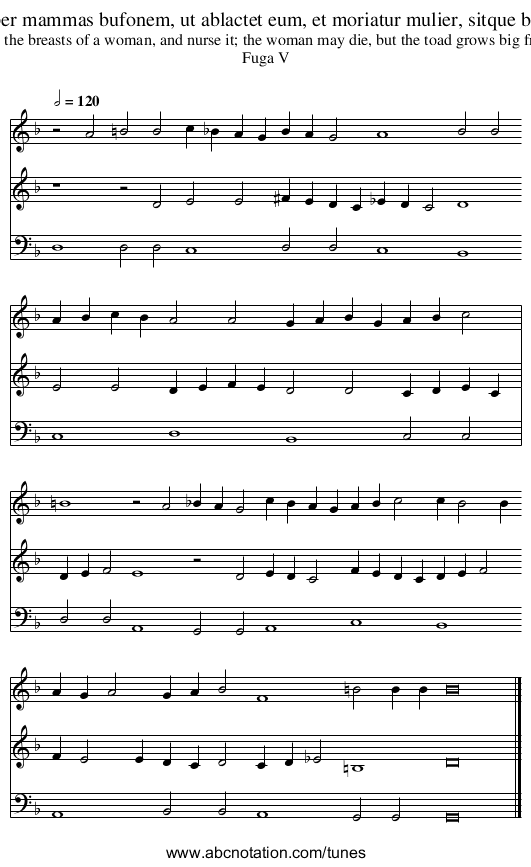 Appone mulieri super mammas bufonem, ut ablactet eum, et moriatur mulier, sitque bufo grossus de lacte - staff notation