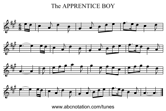 APPRENTICE BOY, The - staff notation