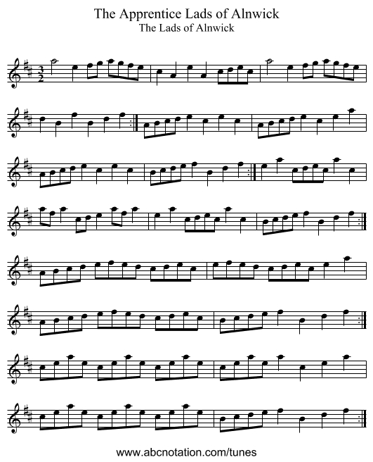 Apprentice Lads of Alnwick, The - staff notation