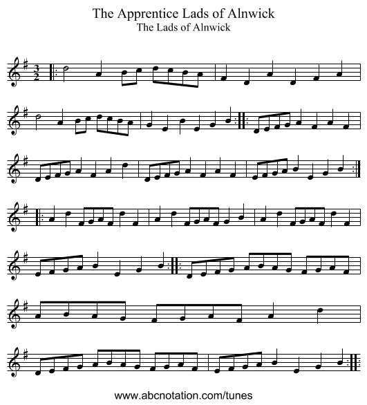 Apprentice Lads of Alnwick, The - staff notation