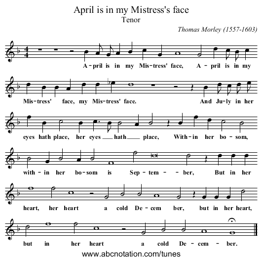 April is in my Mistress's face - staff notation