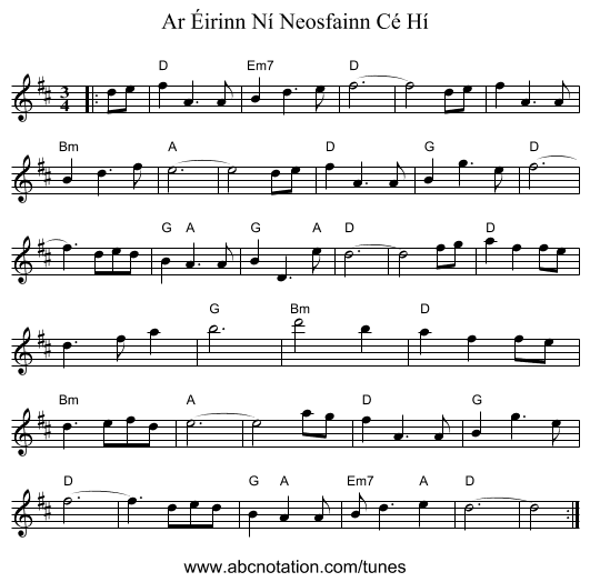 Ar Éirinn Ní Neosfainn Cé Hí - staff notation