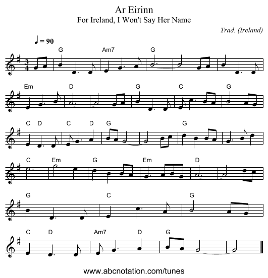 Ar Eirinn - staff notation