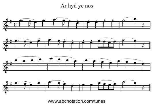 Ar hyd ye nos - staff notation
