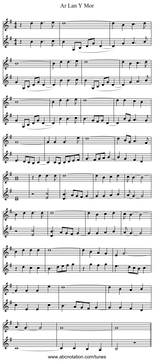 Ar Lan Y Mor - staff notation