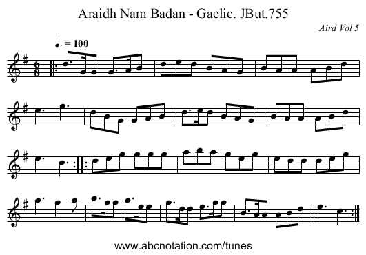 Araidh Nam Badan - Gaelic. JBut.755 - staff notation