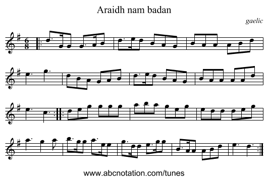 Araidh nam badan - staff notation