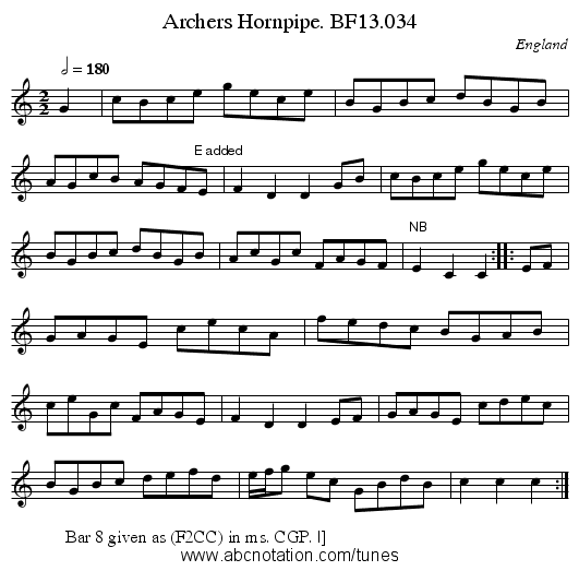 Archers Hornpipe. BF13.034 - staff notation