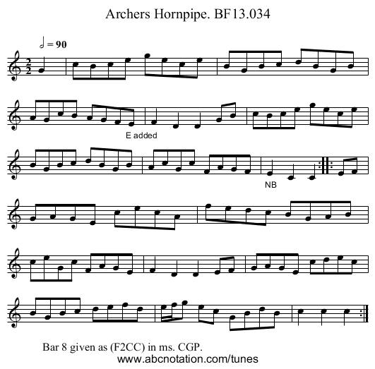 Archers Hornpipe. BF13.034 - staff notation