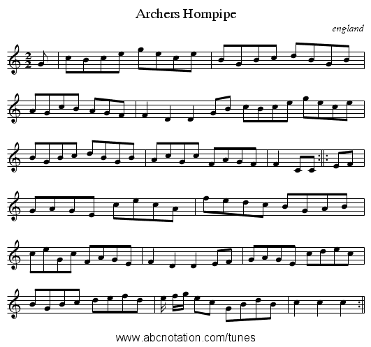 Archers Hornpipe - staff notation