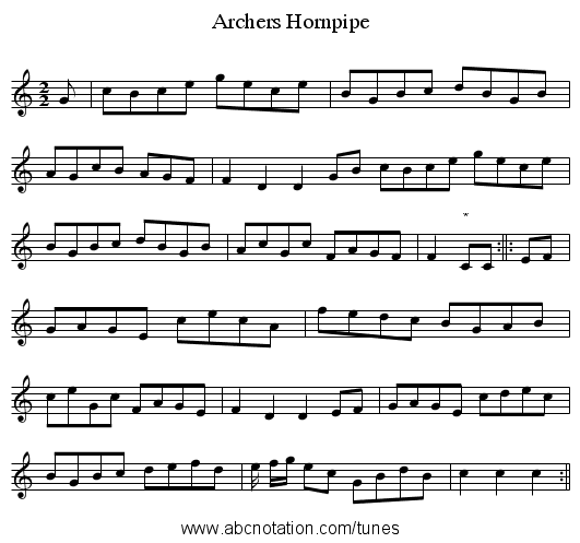 Archers Hornpipe - staff notation