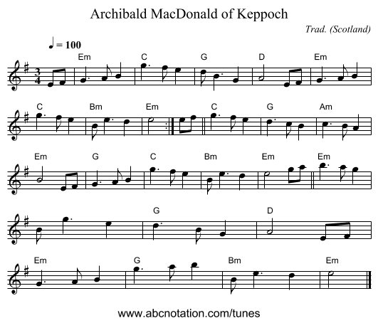 Archibald MacDonald of Keppoch - staff notation