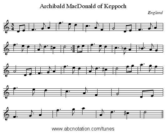Archibald MacDonald of Keppoch - staff notation