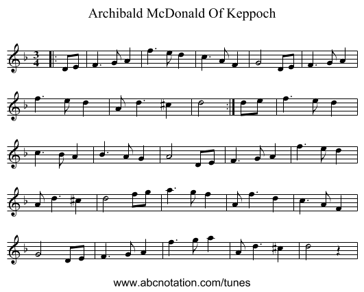 Archibald McDonald Of Keppoch - staff notation