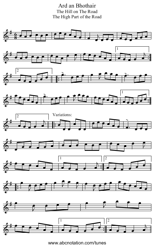 Ard an Bhothair - staff notation