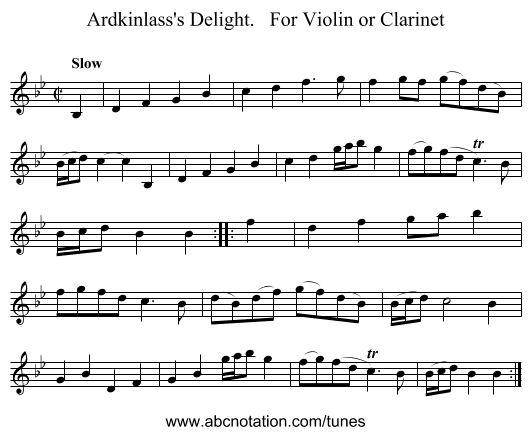 Ardkinlass's Delight.   For Violin or Clarinet - staff notation