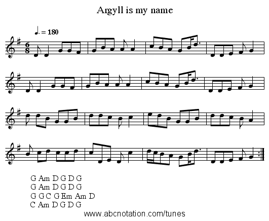 Argyll is my name - staff notation