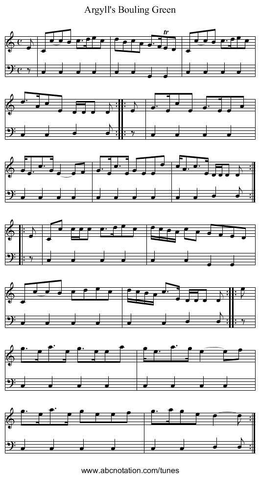 Argyll's Bouling Green - staff notation
