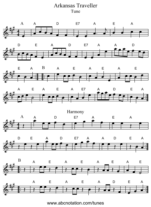 Arkansas Traveller - staff notation