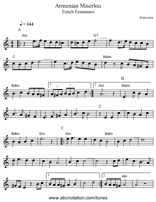 Armenian Miserlou - staff notation