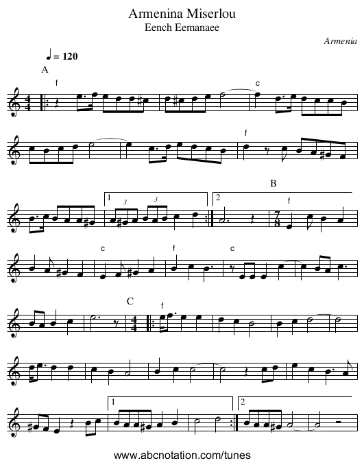 Armenina Miserlou - staff notation