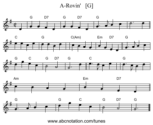 A-Rovin'   [G] - staff notation