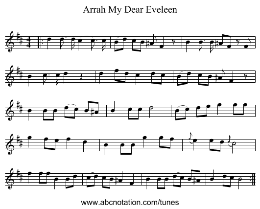 Arrah My Dear Eveleen - staff notation