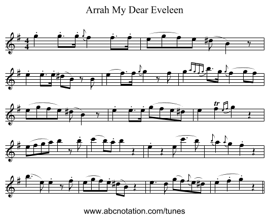 Arrah My Dear Eveleen - staff notation