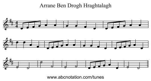 Arrane Ben Drogh Hraghtalagh - staff notation
