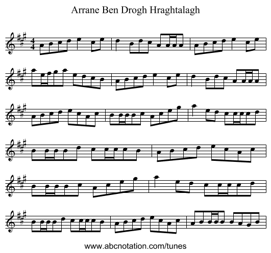 Arrane Ben Drogh Hraghtalagh - staff notation