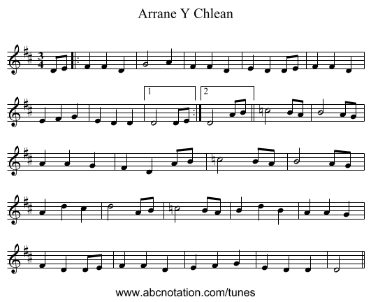 Arrane Y Chlean - staff notation