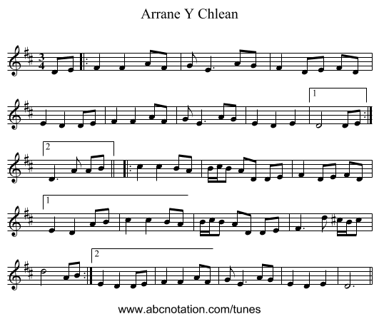 Arrane Y Chlean - staff notation
