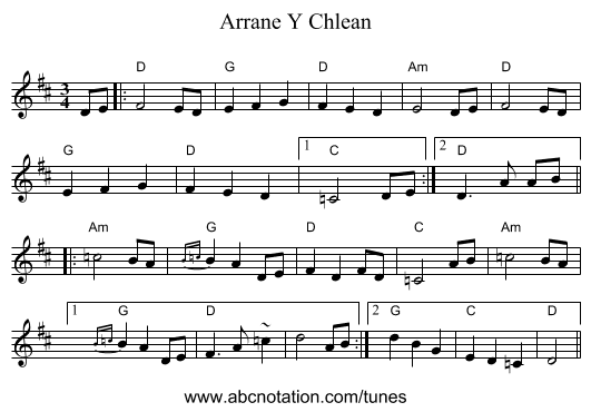 Arrane Y Chlean - staff notation