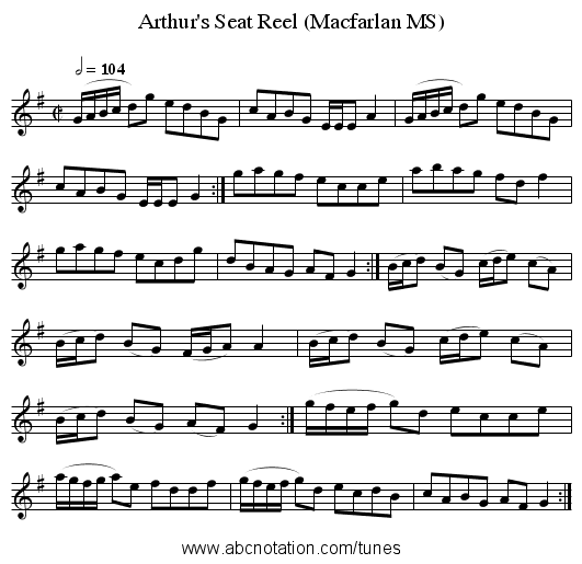 Arthur's Seat Reel (Macfarlan MS) - staff notation