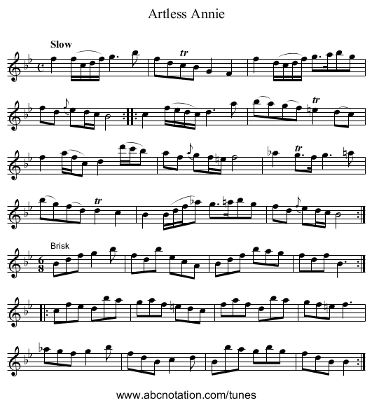 Artless Annie - staff notation