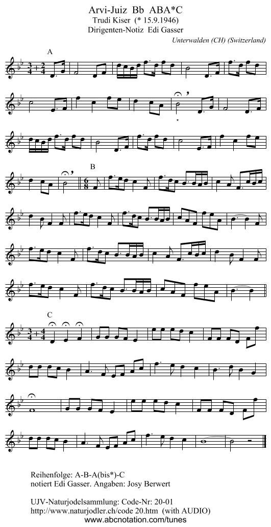 Arvi-Juiz  Bb  ABA*C - staff notation