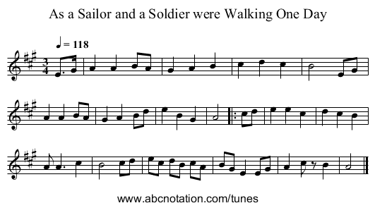 As a Sailor and a Soldier were Walking One Day - staff notation