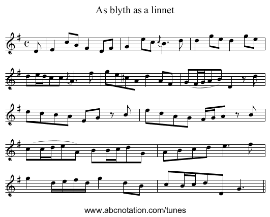 As blyth as a linnet - staff notation
